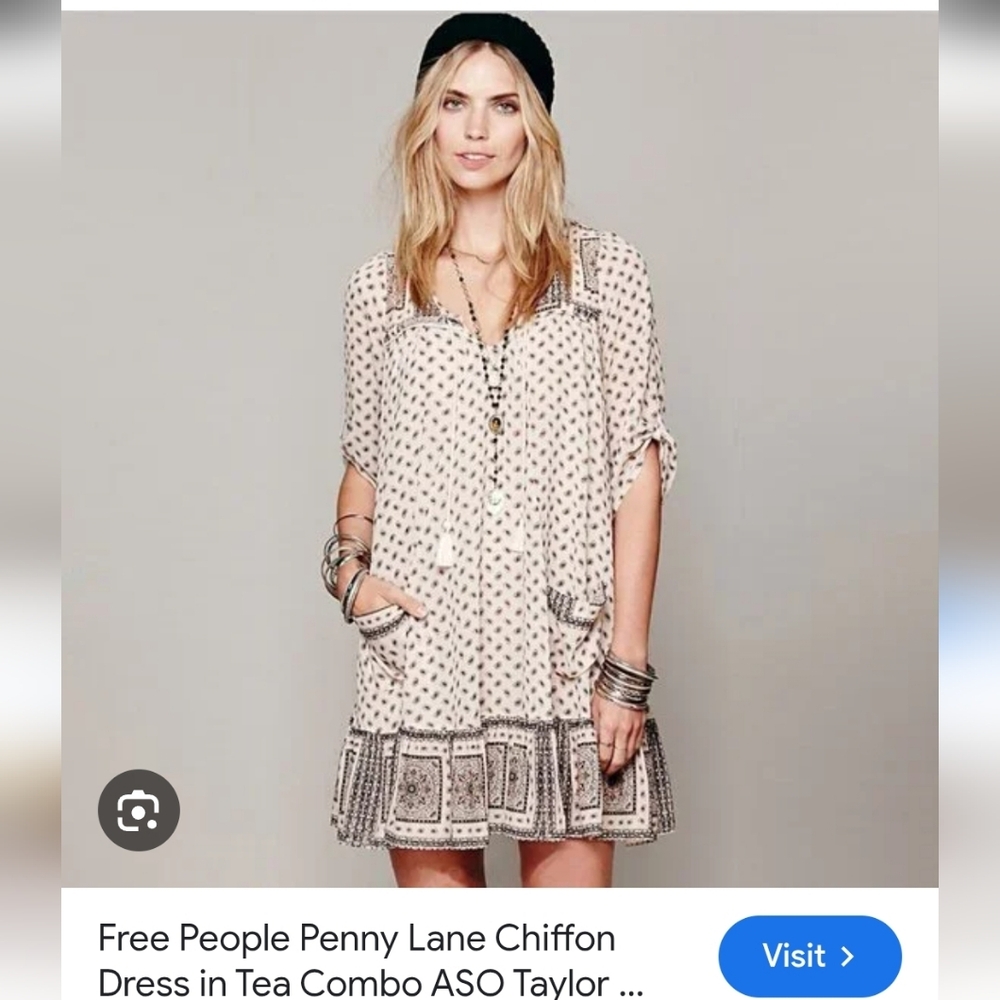 NWOT Free People Boho Mini Dress in Cream and Black, with front pockets